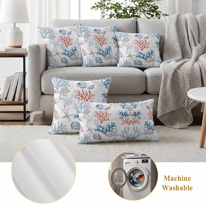 Summer Nautical Outdoor Waterproof Throw Pillow Covers Set of 2, 18"x18", Red Blue Coral Seashell Coastal Vintage Decorative Pillow Covers Outside Cushion Case for Patio Porch Garden