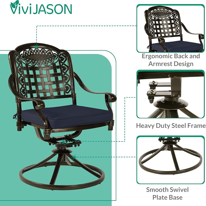 VIVIJASON 9-Piece Outdoor Dining Furniture Set, Cast Aluminum Patio Table & Chairs Set for 8, Include 94.5" Rectangular Dining Table and 8 Swivel Rocker Chairs with Umbrella Hole, Navy Blue Cushion