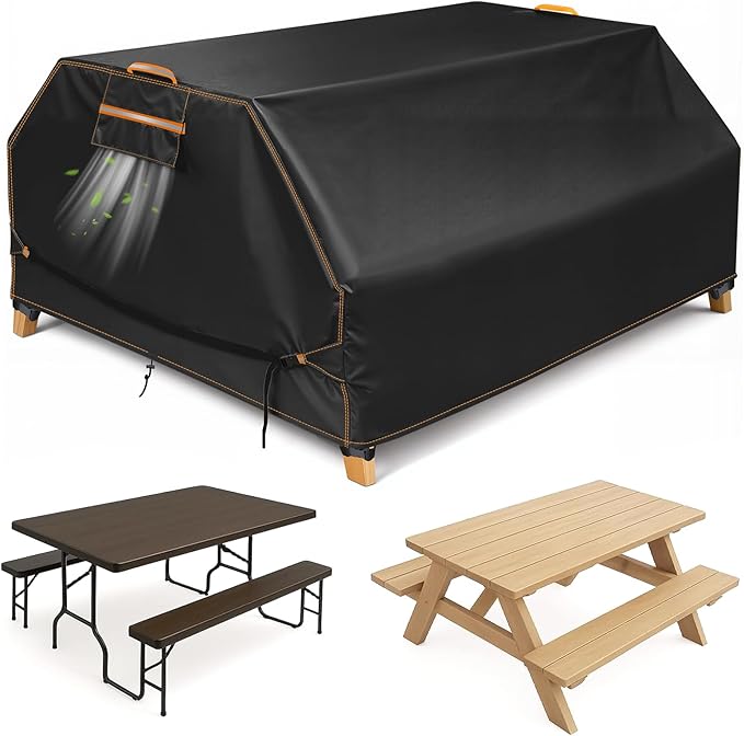 GARPROVM Patio Picnic Table Cover, Outdoor Picnic Table Bench Cover Fits for 96 Inch Large Picnic Table with Bench, 420D Heavy Duty Oxford Fabric Waterproof Windproof Anti-UV, Black