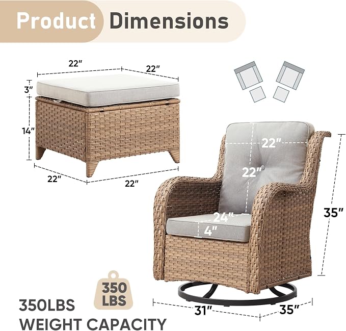 Outdoor Swivel Chairs-Patio Swivel Glider Chairs with Ottomans Outdoor Conversation Set for Deck Balcony Poolside Backyard-Yellow/Beige