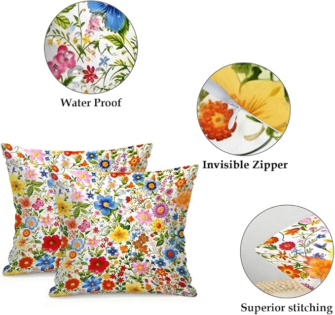20x20 Inch Outdoor Pillow Covers Set of 2 Waterproof Throw Pillow Covers Decorative Couch Cushion Covers Colorful Art Floral Square Pillowcases Protectors for Patio Garden Sofa