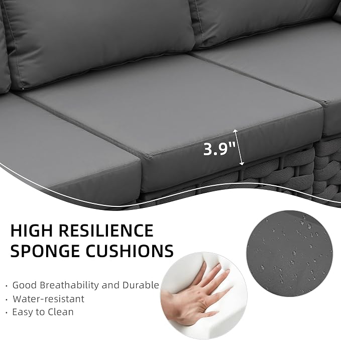 TWT 5-Piece Modular Outdoor Sectional Sofa Set, 5-Seater Woven Rope Patio Conversation Couch with Water-Resistant Cushions, for Backyard Balcony Deck, Dark Gray