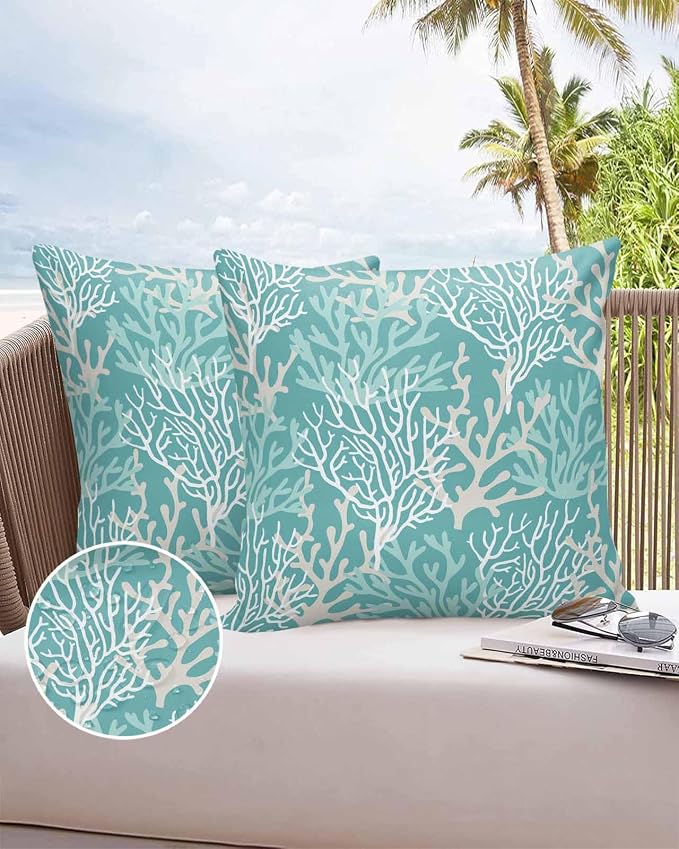 Outdoor Waterproof Throw Pillow Covers Set of 2 Turquoise Coral Pillowcases 24x24 Inches Nautical Coastal Marine Life Patio Decorative Pillows Cushion Case Patio Pillows for Couch Bed Chair Garden