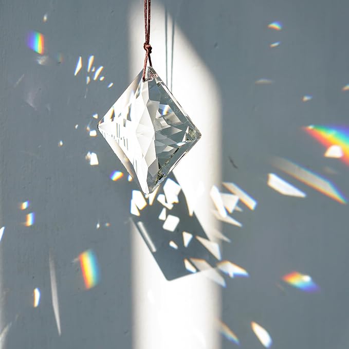 YU FENG 2 Inch Square Clear Crystal Prism Suncatcher, Rainbow Maker | Faceted Crystal Pendant, Chandelier Ornament, Window Hanging Decor, Light Catcher Decoration
