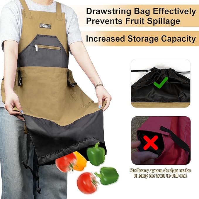 Garden Apron,Harvest Aprons with Drawstring Bag and Pockets for Women and Men,Canvas Fruit Picking Apron
