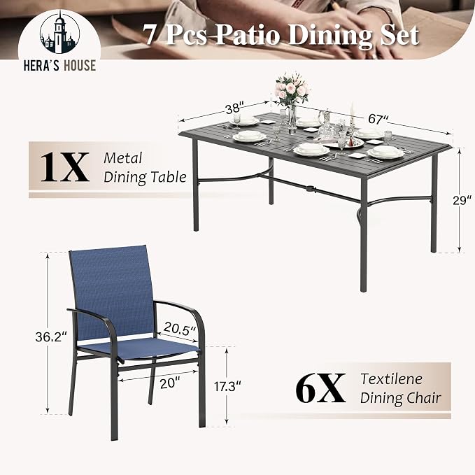 HERA'S HOUSE 7pc Outdoor Patio Dining Set, 6 Textilene Chairs, Blue | 67" rectangular metal table with umbrella hole. Waterproof, rust-resistant, all-weather for backyard, porch