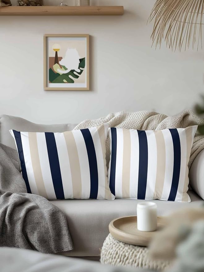 Outdoor Pillows Waterproof, Beige Navy Blue Striped Bedding Throw Pillows with Insert for Couch Sofa Bed, Farmhouse Stripe Art 16x16 Inch Pillowcases Decorative Camping Patio Pillow Set of 2
