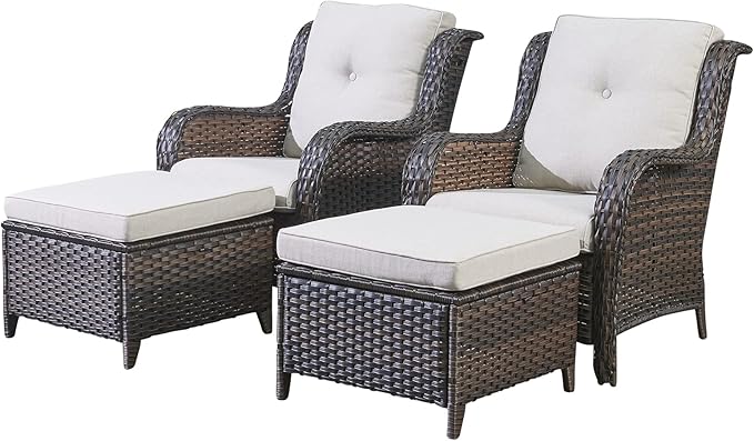 Rilyson Luxury 4 Pieces Patio Wicker Furniture Ottomans, Wicker Patio Chairs Set of 2 with Ottoman, Rattan Outdoor Porch Chair with Thick Cushion for Balcony Deck Yard and Porch (Brown/Beige)