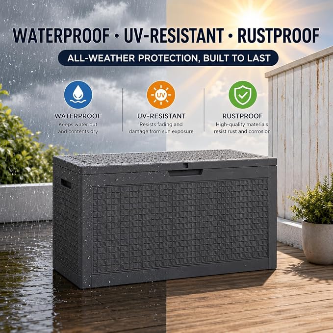 102 Gallon Outdoor Storage Box, Resin Deck Box Waterproof & Lockable, Patio Cushion Storage Bench for Garden, Pool, Furniture & Tools, UV Resistant Heavy Duty, Black