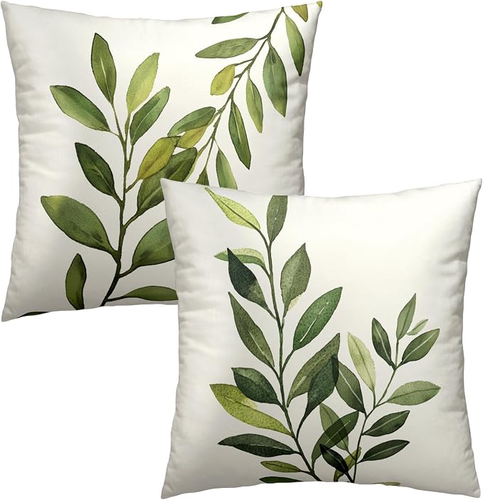 Sage Green Leaf Pillow Covers 22x22 Inch, Set of 2 Rustic Spring Summer Plants Leaves Cotton Square Pillowcases for Sofa Couch Bedroom Living Room Car Indoor Outdoor Home Decor