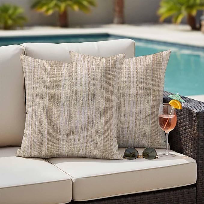 Abstract Beige Outdoor Pillow Covers Set of 2 Rustic Farmhouse Minimalist Beige Vertical Striped Lines Waterproof Throw Pillow Cover Decorative Cushion Cases for Patio Porch Garden 18X18 Inch