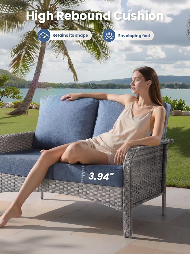 3-Piece Outdoor Patio Furniture Set with Swivel Chairs, Outdoor Conversation Wicker Sofa with Coffee Table, Rattan Couch for Deck Yard Poolside, Blue