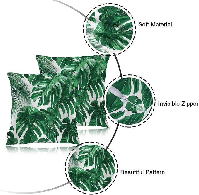 Swono Outdoor Pillow Covers Palm Leaves, Tropical Palm Leaf Home Decorative Throw Pillow Case Cushion Cover for Men/Woman/Bed/Sofa/Office/Car, 18x18 Inch, 2Pcs Pillow Covers, Green Palm