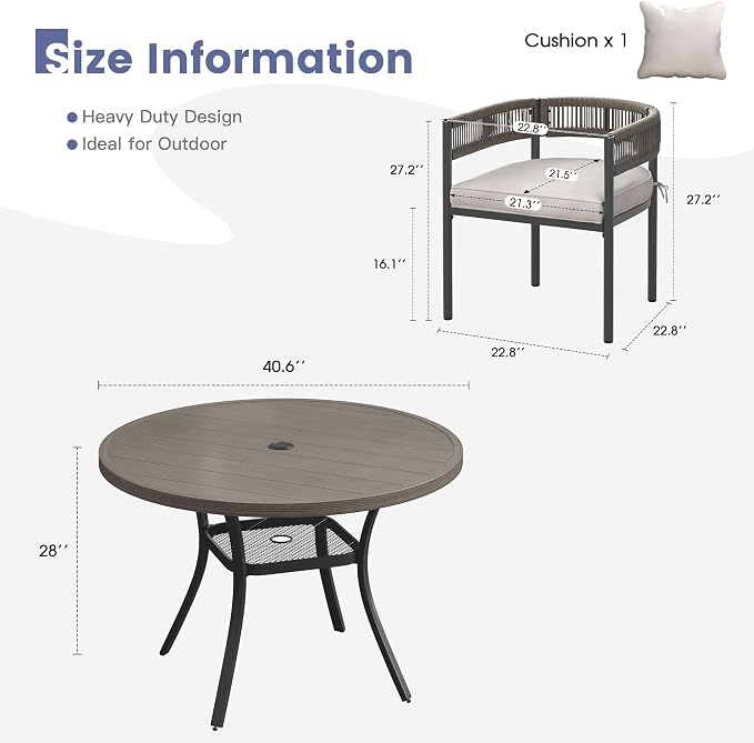 VICLLAX Patio Dining Set, 40.6" Grey Table & 4 Chairs with Wheat Cushion | Outdoor Table and Chairs Set of Round Metal Patio Table, Outdoor Dining Chairs with Metal Frame, Garden Deck Porch