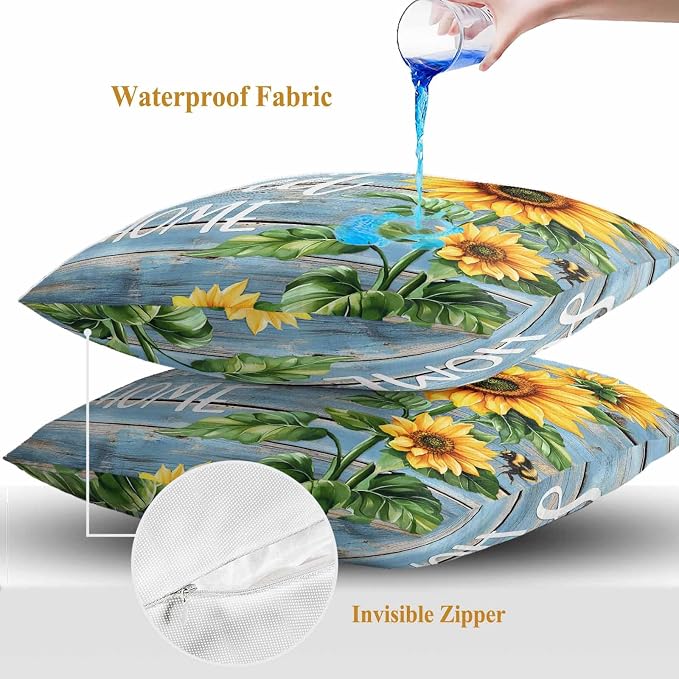Throw Pillow Covers 26x26 Inch Set of 2, Spring Sunflower Waterproof Outdoor Pillow Covers, Bee Wooden Grain Country Rustic Decorative Cushion Pillowcases for Couch, Sofa, Bed, Garden, Patio