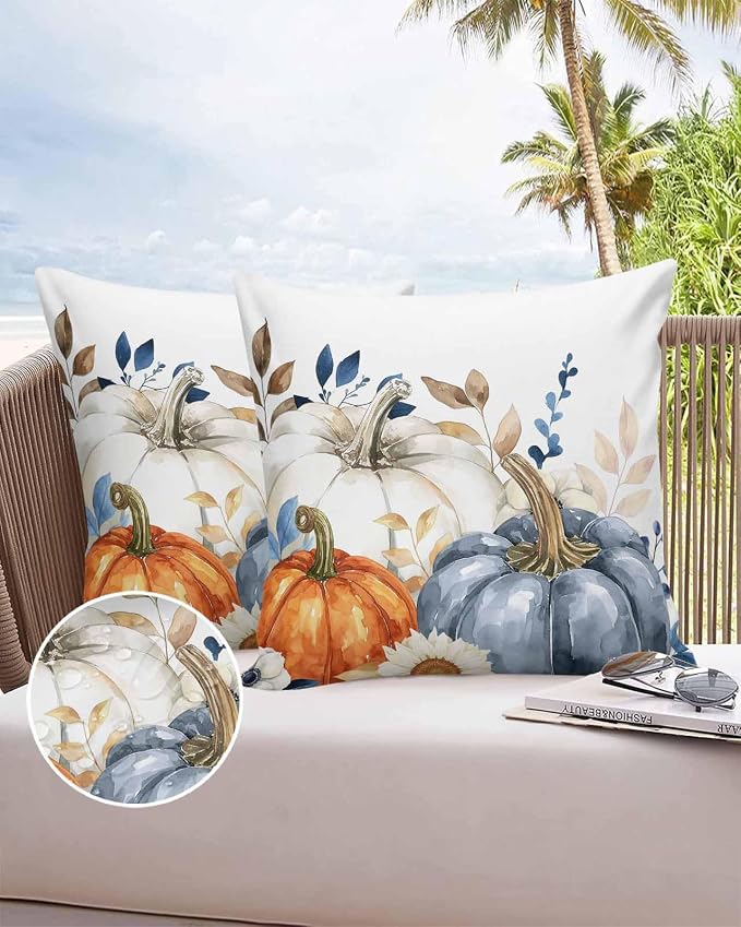 Fall Outdoor Throw Pillows Covers 18x18 inch Set of 2 Waterproof Blue White Pumpkin Zippered Cushion Covers for Patio Furniture, Autumn Eucalyptus Leaves Flower Thanksgiving Lumbar Pillowcases