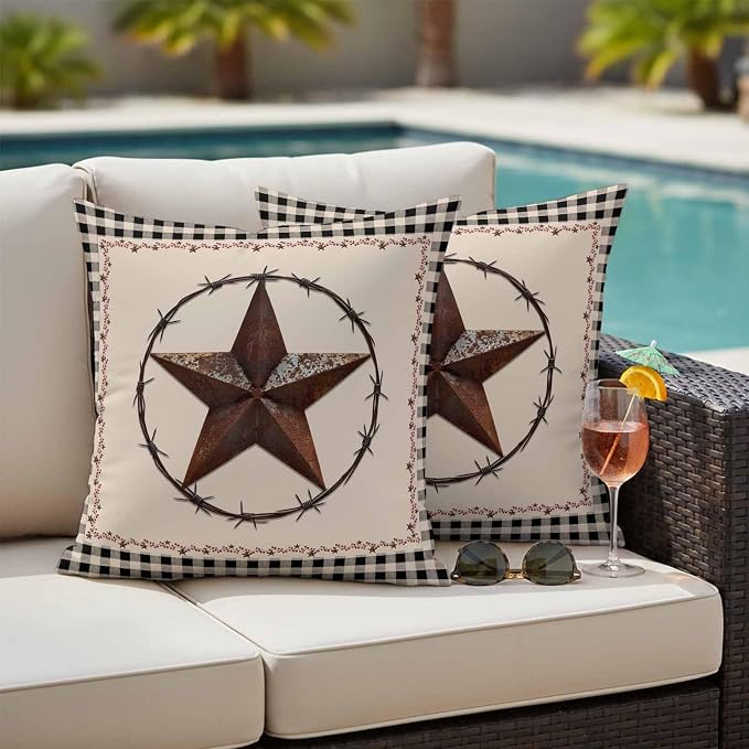 American Country Outdoor Waterproof Throw Pillow Covers Set of 2, 16"x16", Star Farmhouse Beige Black Buffalo Plaid Decorative Pillow Covers Outside Cushion Case for Patio Porch Garden