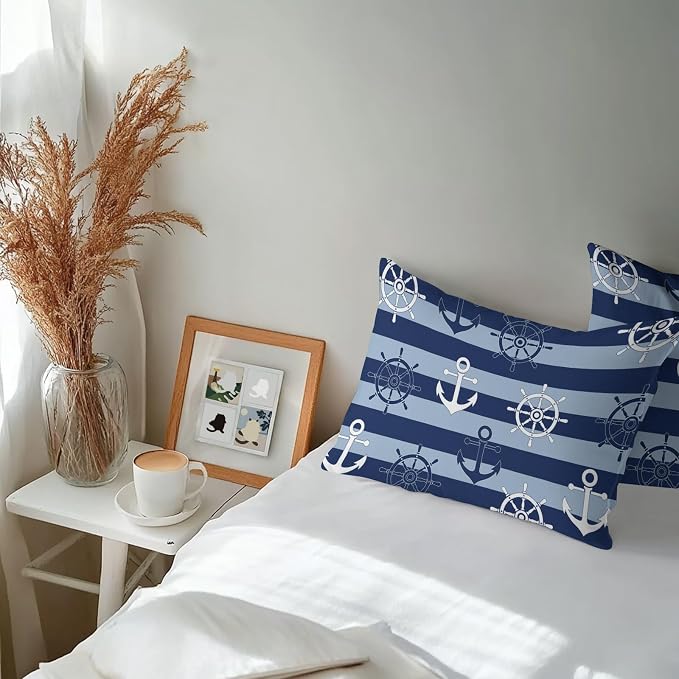 Nautical Ship Anchors Waterproof Outdoor Pillow Covers Set of 2 Home Decor, Navy Blue Horizontal Stripes Lumbar Pillowcase Patio Pillow Covers for Couch Bench Patio Furniture Garden 20x12in