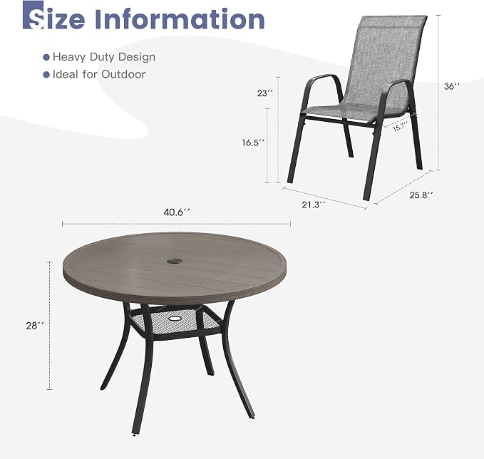 VICLLAX Round Patio Dining Set for 4, Metal Slatted Patio Table with Umbrella Hole and Stackable Patio Chairs for Deck Lawn Garden, Grey Fabric and Antique Grey Tabletop