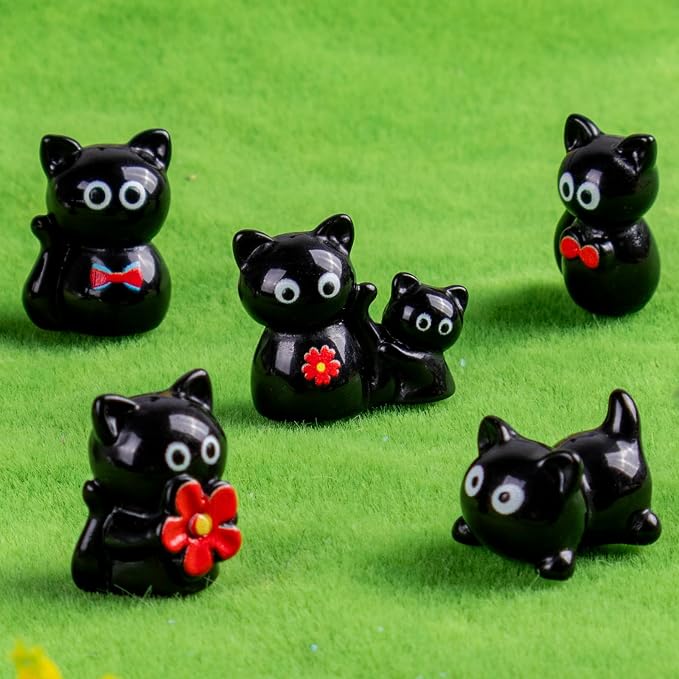 36 pcs Mini Resin Black Cats Variety Tiny Animals Figures Miniature Little Small Cat Figurines Bulk for Micro Fairy Garden Landscape Accessories Hide Crafts Decor Aquarium
