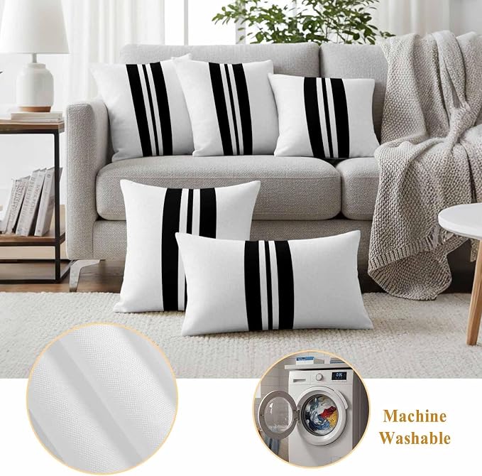 Black Stripes Outdoor Waterproof Throw Pillow Covers Set of 2, 16"x16", Festival Decorative Pillow Covers Outside Cushion Case for Patio Porch Garden