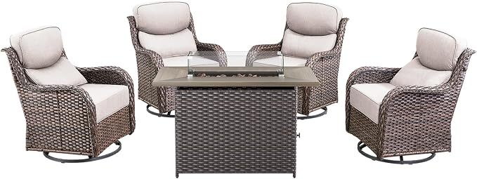 Luxury High Back Patio Furniture Set with Fire Pit Table & 6-Inch Thick Cushions, 5-Pieces Outdoor Furniture w/ 4 Swivel Chairs, Wicker Conversation Set for Porch, Balcony, Deck and Yard, Brown/Beige