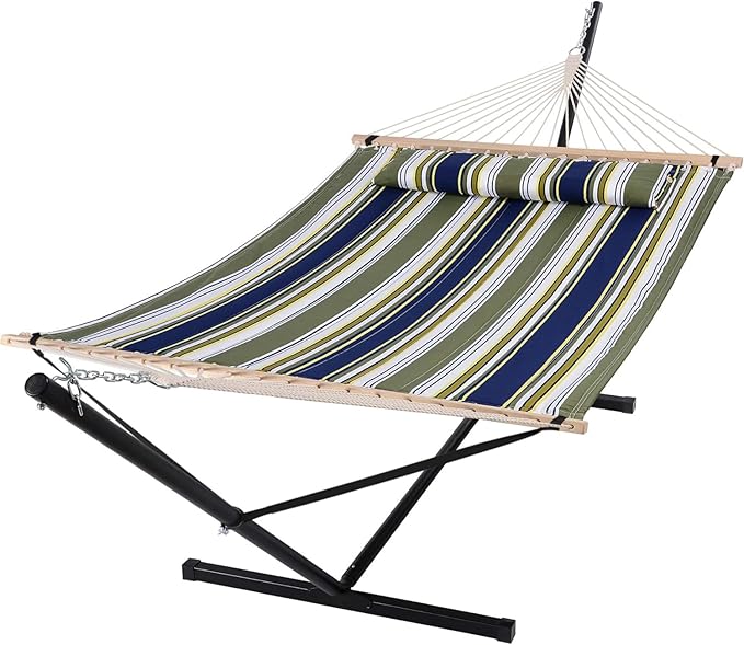 SUNCREAT Double Quilted Hammocks for Outside with 12ft Stand, Heavy Duty Hammock Storage Bag
