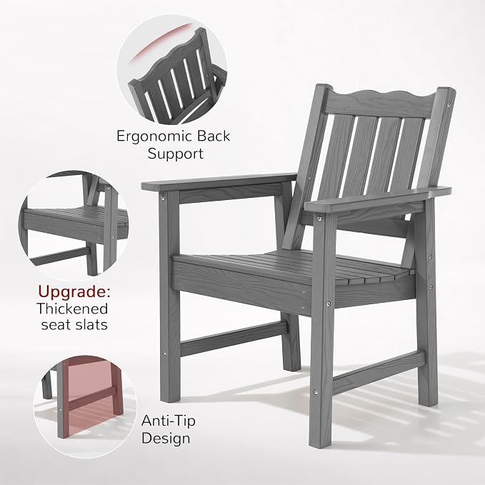 Stoog Outdoor Chairs Set of 2, All-Weather HIPS Patio Dining Chairs with Curved Backrest, 400 lbs Support Garden Chairs, Grey