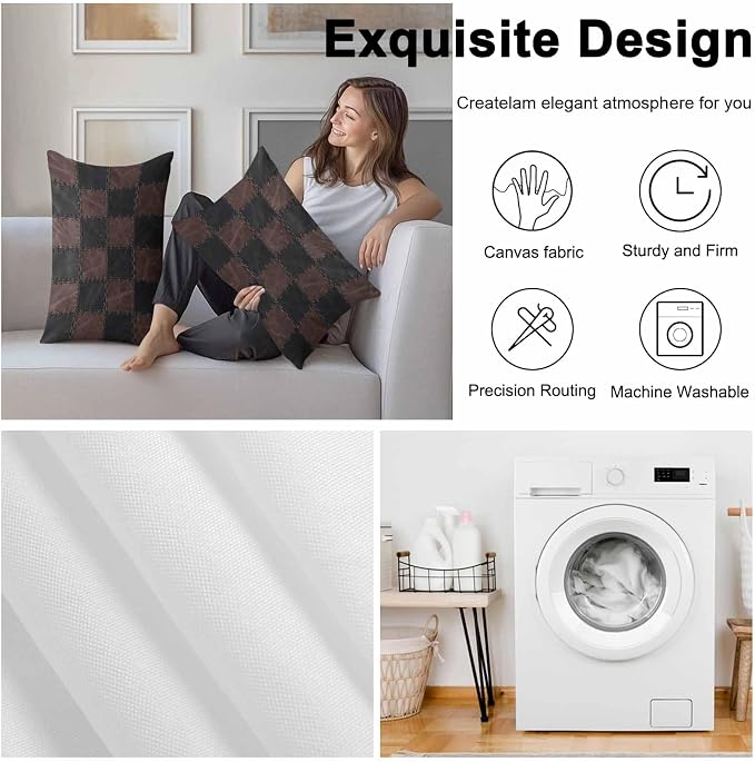 Black Brown Checkered Outdoor Pillow Covers 20x12 Inch Lumbar Pillow Covers Set of 2 Waterproof Decorative Throw Pillow Cases Modern Farmhouse Plaid Wooden Cushion Covers for Patio Furniture Garden