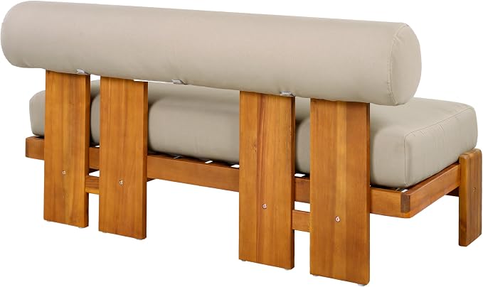 Merax 4-Piece Patio Conversation Set with Acacia Wood Frame, Waterproof Cushions & Round Backrest – Loveseat, 2 Club Chairs & Coffee Table for Garden, Deck & Balcony, Light Brown+Teak