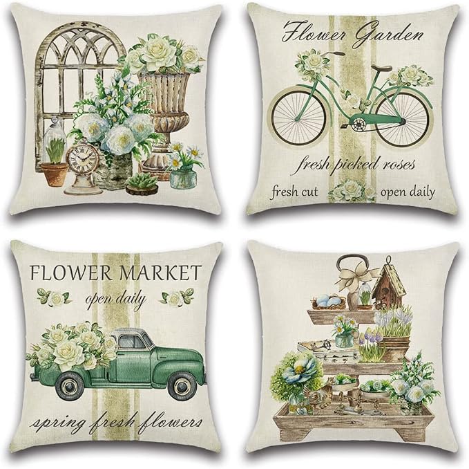 Artscope Set of 4 Waterproof Throw Pillow Covers 18x18 Inches, Spring - Green Garden Pattern Decorative Cushion Covers, Perfect to Outdoor Patio Garden Living Room Sofa Farmhouse Decor