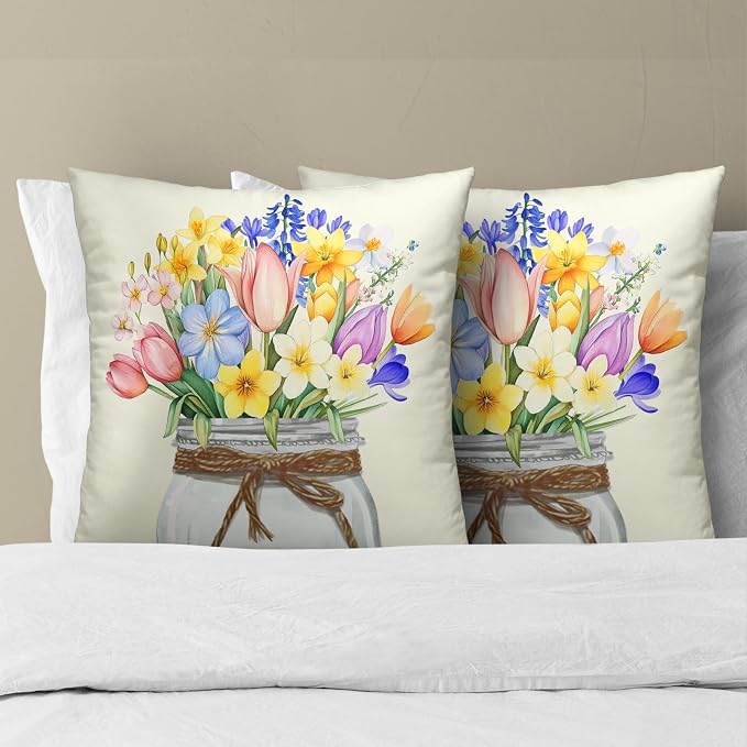 Easter Spring Flowers Pillow Covers 20x20 Inch, Set of 2 Colorful Tulips Lavender Floral Mason Jar Throw Pillowcases with Zipper Square Cushion Cover for Couch Sofa Bed Home Decor