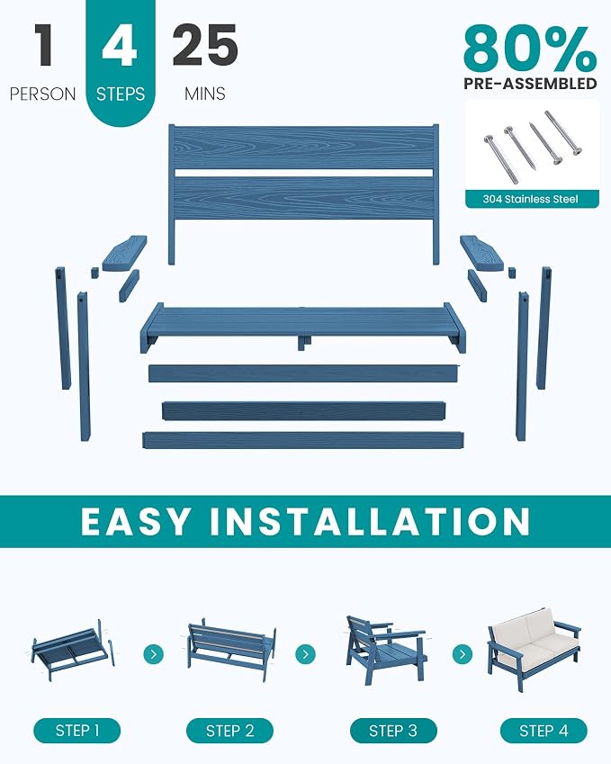 SERWALL Outdoor Loveseat, Blue Frame and Khaki Cushion