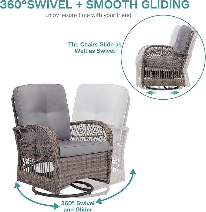 MEETWARM 5 Pieces Outdoor Patio Rattan Furniture Sets, All Weather Patio Wicker Conversation Set - 2 Rocking Swivel Chairs 1 Rattan Loveseat Glider w/Cushions, 2 Glass-Top Coffee Table, Gray