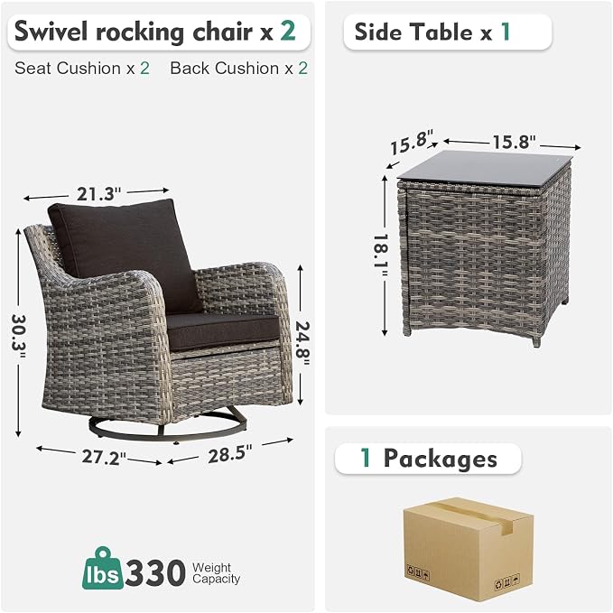 MEISSALIVVE 3 Pieces Patio Furniture Set with Swivel Chair, Outdoor Swivel Rocker with Washable Cushions & Tempered Glass Tabletop, Outdoor Rattan Conversation Set for Lawn Backyard Porch (Black)