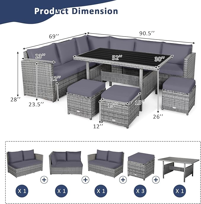 Tangkula 7 Pieces Patio Furniture Set, Outdoor Sectional Rattan Sofa Set with Cushions, All Weather Wicker Conversation Couch Set w/Dining Table & Ottomans for Backyard Garden Poolside (Grey)