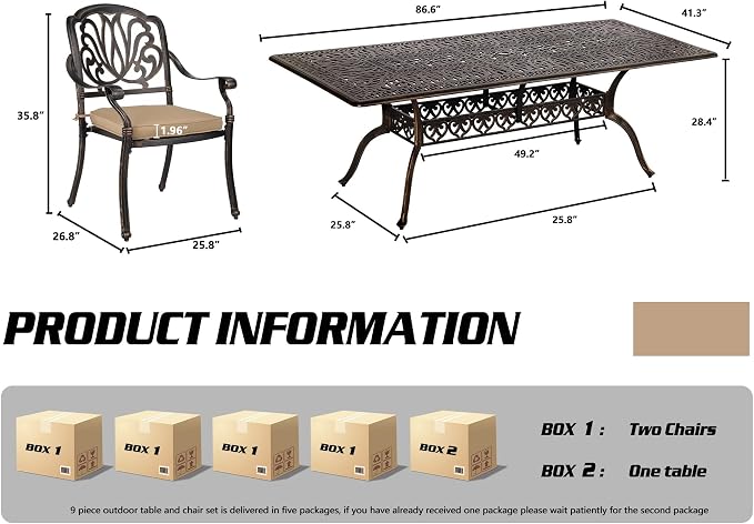 TITIMO 9-Piece Cast Aluminum Patio Furniture Set, Outdoor Patio Dining Set Bistro Conversation Set, Rectangular Dining Table Set w/Cushions Umbrella Hole (Khaki-Fixed Elizabeth Chair, 9 Pcs)