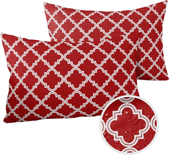 Outdoor Waterproof Pillow Covers for Patio Furniture Moroccan Pattern Decorative Throw Pillow Cover Geometric Trellis Red Pillowcases Set of 2 Cushion Case for Sofa Couch Chair Home Decor 20x12 inch