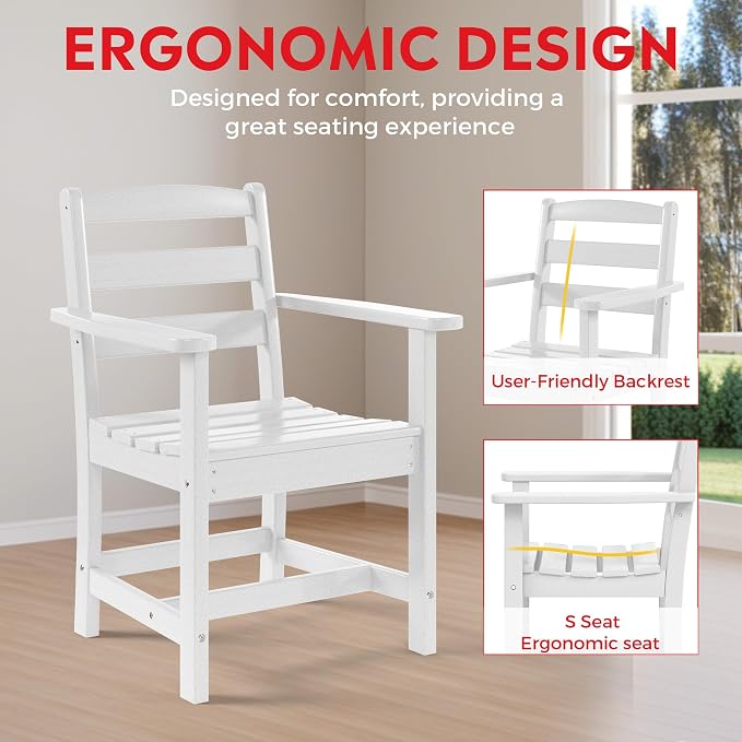 Costaelm Garden Dining Chair, Outdoor Patio Adirondack Chair with Arm, HDPE Poly Lumber, Waterproof Restaurant Bistro Dining Chair for Outside Porch Backyard, White
