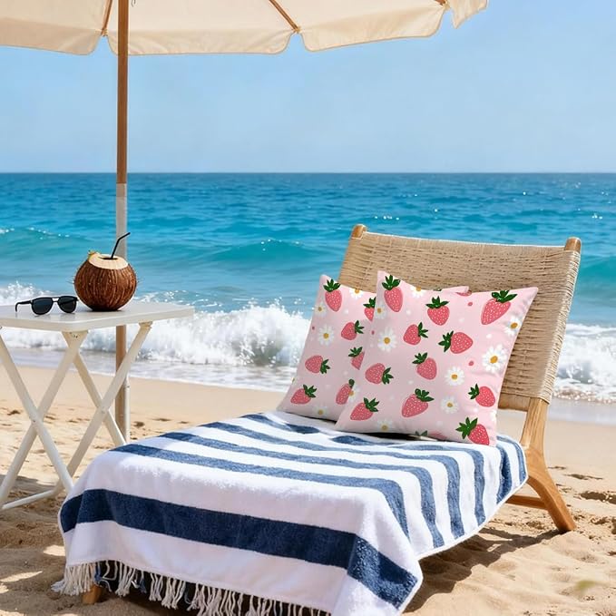 22x22 Inch Outdoor Pillow Covers Set of 2 Waterproof Throw Pillow Covers Decorative Couch Cushion Covers Pink Strawberries Daisy Square Pillowcases Protectors for Patio Garden Sofa
