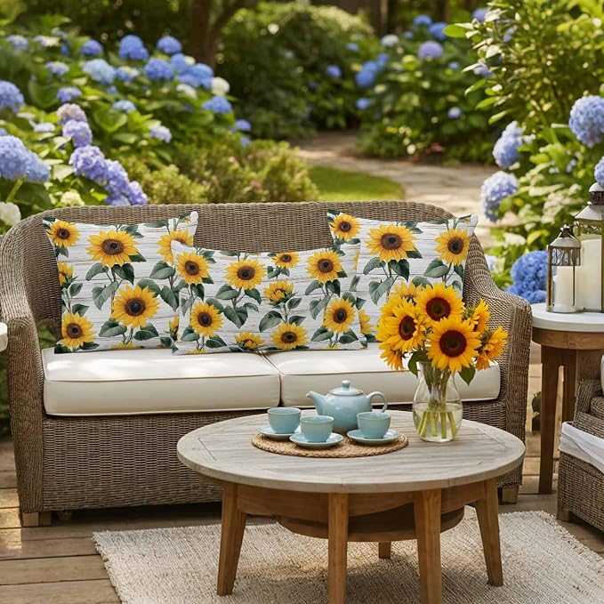 Country Sunflowers Waterproof Outdoor Pillow Covers Set of 2 Home Decor, Retro Pastoral Floral Wooden Plank Pillowcase Patio Pillow Covers for Couch Bench Furniture Garden 16x16in