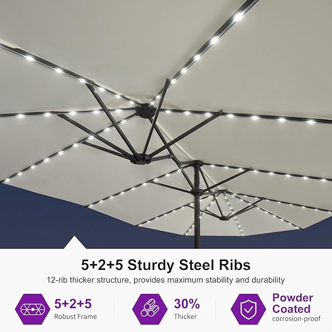 PURPLE LEAF 15ft Double-Sided Patio Umbrella with Base and Solar Lights Outdoor Market Umbrella with Crank Handle Rectangle Umbrella for Backyard Pool Garden Deck, Cream