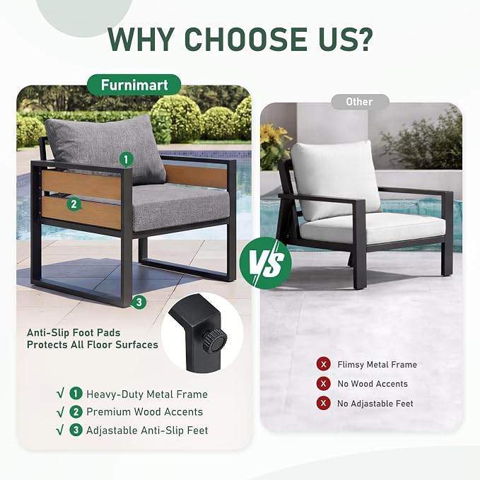 Furnimart Patio Furniture Set, 4-Piece Metal Outdoor Sectional, 4-Seat Patio Conversation Set with Deep Seating, Thick Cushions & Coffee Table for Backyard, Porch & Deck, Gray