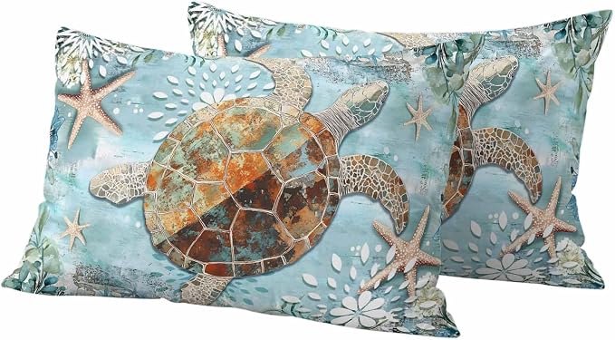 Ocean Turtle Outdoor Waterproof Throw Pillow Covers Set of 2, 20"x12", Retro Blue Nautical Starfish Sealife Decorative Pillow Covers Outside Cushion Case for Patio Porch Garden