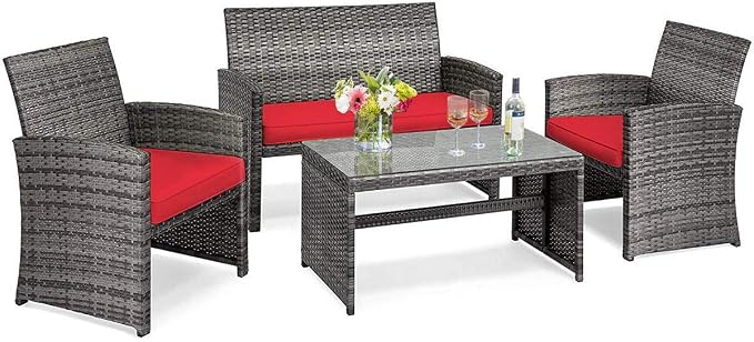 Tangkula 4 PCS Wicker Patio Conversation Set, Outdoor Rattan Sofas with Table Set, Patio Furniture Set with Soft Cushions & Tempered Glass Coffee Table for Poolside Balcony