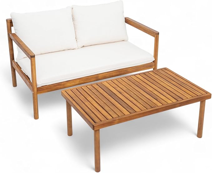 Christopher Knight Home Vorms 4-Piece Acacia Wood Patio Furniture Set with Rope Backrest, Patio Conversation Chat Set for Backyard Balcony, Outdoor 4-Seater Seating Group with Coffee Table, Teak+Cream