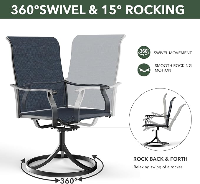 Anmutig Small Outdoor Patio Dining Set, 27.5 Inch Brown Top Round Table with 2 Navy Blue Textilene Swivel Rocker Chairs - Retro Armrest Style1