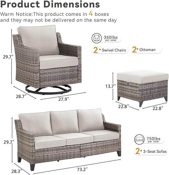 Outdoor Patio Furniture Set-6 Pieces High Back Outdoor Furniture Set Sectional Sofa with Wicker Swivel Rocker Patio Chairs,Thick Cushions Ottomans for Porch Balcony Patio Deck Grey/Beige