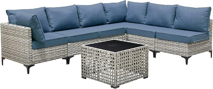 Outdoor Patio Furniture Sets,7 PCS Patio Conversation Set Outside Rattan Sectional Sofa with Coffee Table Fit Backyard Porch Garden Poolside Balcony