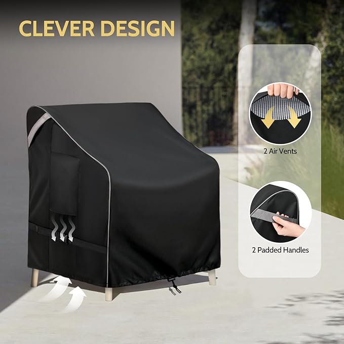COSFLY Outdoor Patio Chair Covers Waterproof, Heavy-Duty UV-Resistant Furniture Covers, Adjustable Fit with Buckle Straps, Fits Chairs up to 26" W x 28" D x 33" H (2-Pack, Black)